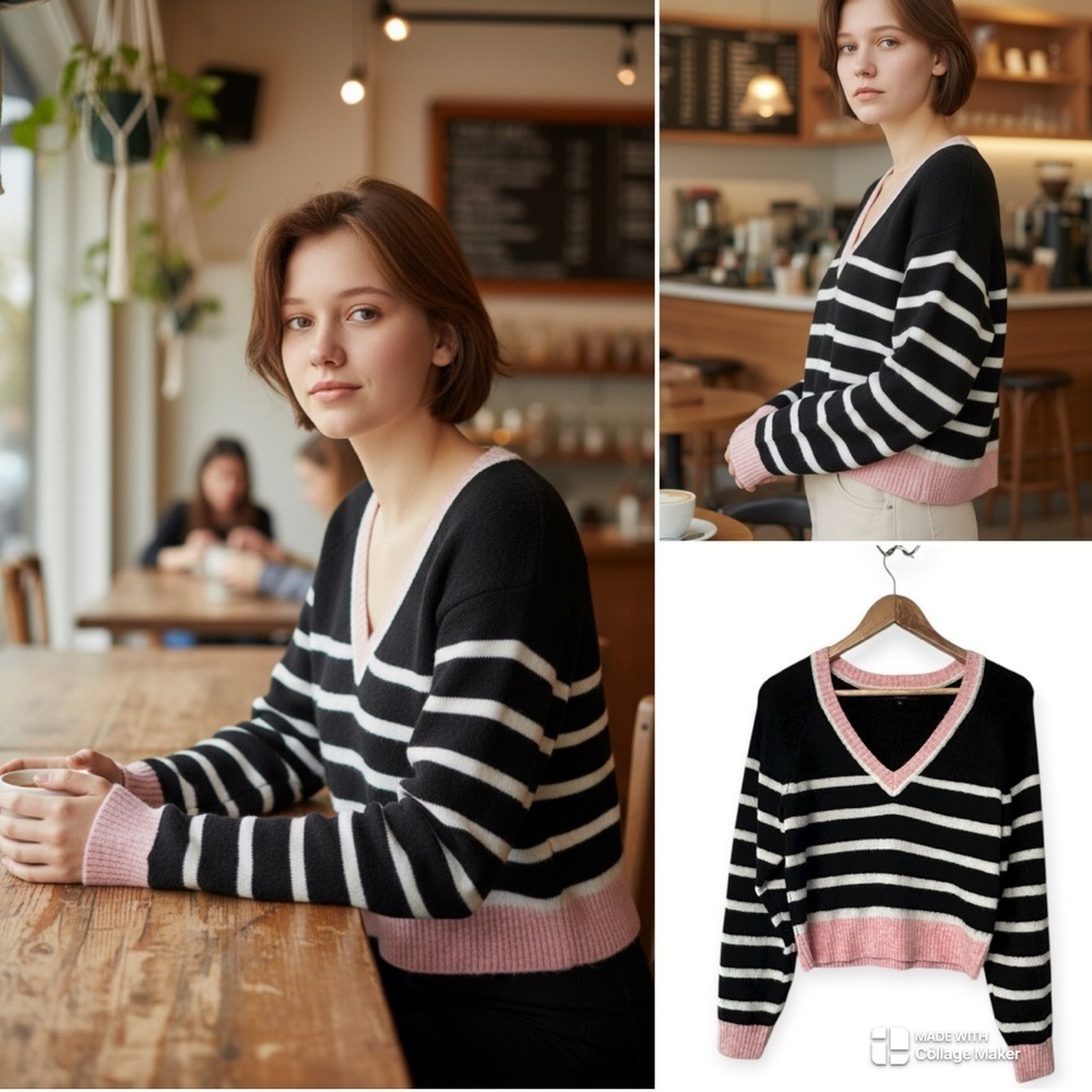 Central Park West New York Striped crop V-Neck Sweater - Black, White, and Pink